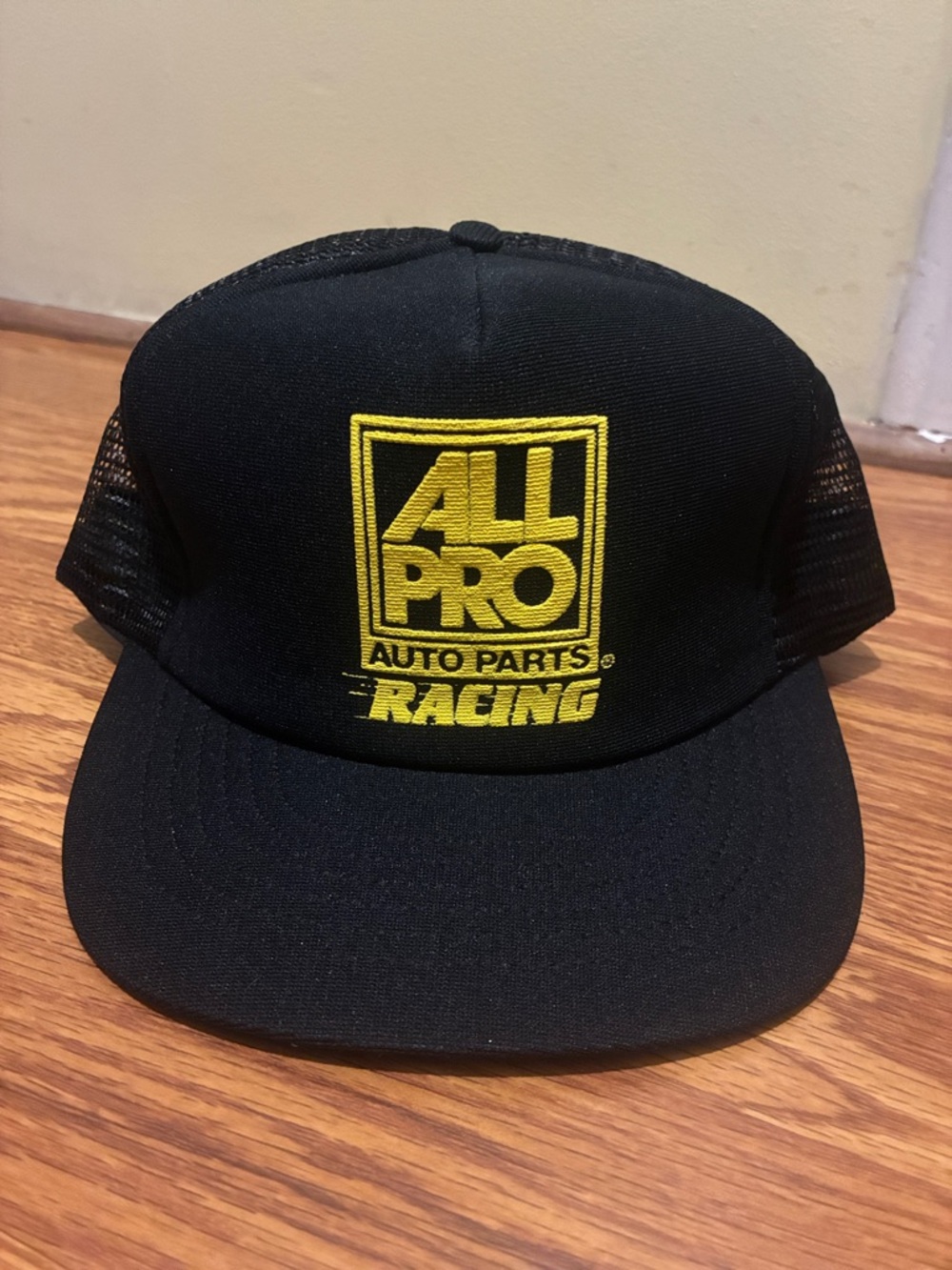 Vintage All Pro Auto Parts Racing Black Trucker Hat - Yellow Logo
